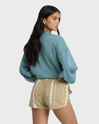 Stone Billabong Road Trippin print shorts with elastic waistband and drawcord, featuring side pockets and relaxed fit.