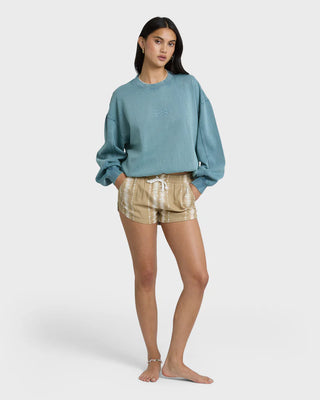 Stone Billabong Road Trippin print shorts with elastic waistband and drawcord, featuring side pockets and relaxed fit.