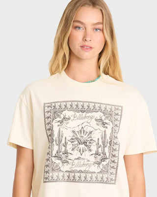 Billabong Heading West Short Sleeve Tee in White Cap — relaxed tomboy fit garment-washed cotton jersey tee with sun-faded screen print graphic