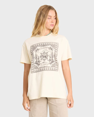 Billabong Heading West Short Sleeve Tee in White Cap — relaxed tomboy fit garment-washed cotton jersey tee with sun-faded screen print graphic