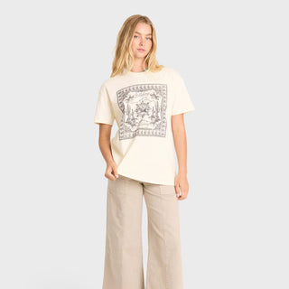 Billabong Heading West Short Sleeve Tee in White Cap — relaxed tomboy fit garment-washed cotton jersey tee with sun-faded screen print graphic