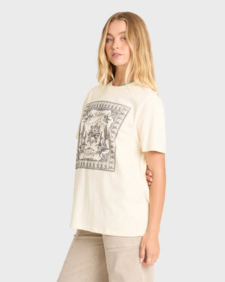 Billabong Heading West Short Sleeve Tee in White Cap — relaxed tomboy fit garment-washed cotton jersey tee with sun-faded screen print graphic