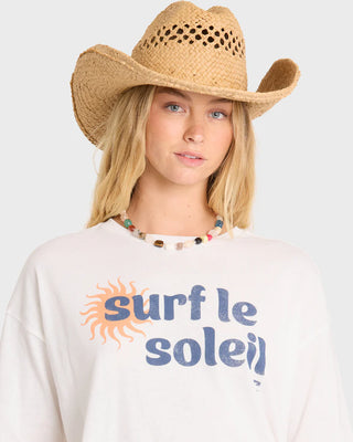 "Billabong Surf Le Soleil Tee in Salt Crystal — women's oversized crew neck graphic tee, 100% cotton loose knit jersey, garment washed"