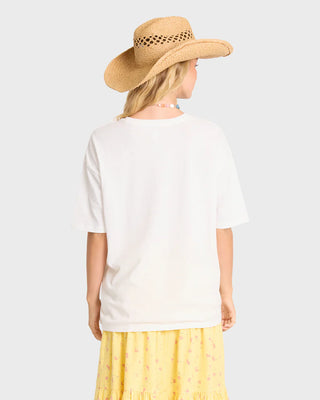 "Billabong Surf Le Soleil Tee in Salt Crystal — women's oversized crew neck graphic tee, 100% cotton loose knit jersey, garment washed"