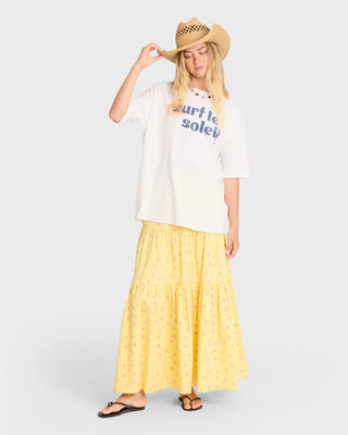 "Billabong Surf Le Soleil Tee in Salt Crystal — women's oversized crew neck graphic tee, 100% cotton loose knit jersey, garment washed"