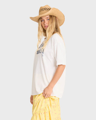 "Billabong Surf Le Soleil Tee in Salt Crystal — women's oversized crew neck graphic tee, 100% cotton loose knit jersey, garment washed"
