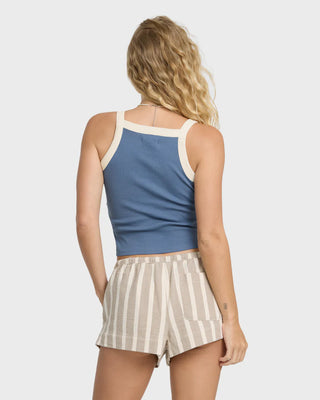 Billabong All Time Tank Top in Blue Smoke — 97% cotton 2x1 rib knit, fitted silhouette, contrast binding at neck and armholes, sleeveless