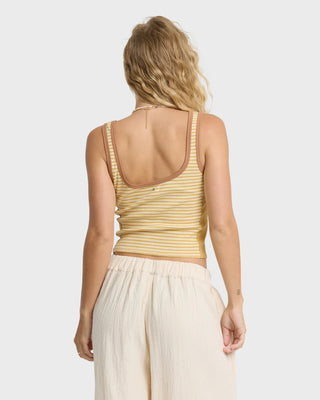 Billabong Beach It Tank Top in Curry — yarn-dyed stripe jersey knit, fitted silhouette, contrast side panels and binding, sleeveless