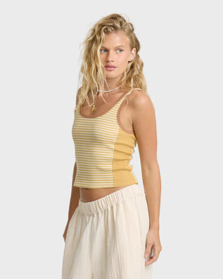 Billabong Beach It Tank Top in Curry — yarn-dyed stripe jersey knit, fitted silhouette, contrast side panels and binding, sleeveless