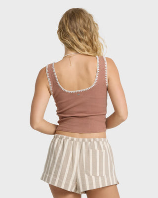 Billabong Shell Time Tank Top in Sugar Almond — fitted 2x2 rib knit, shell stitching detail, sleeveless, 95% cotton with stretch
