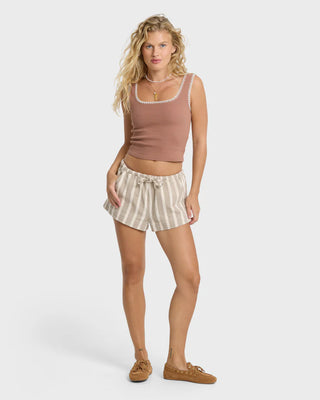 Billabong Shell Time Tank Top in Sugar Almond — fitted 2x2 rib knit, shell stitching detail, sleeveless, 95% cotton with stretch