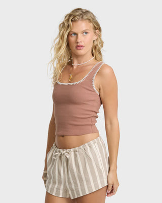 Billabong Shell Time Tank Top in Sugar Almond — fitted 2x2 rib knit, shell stitching detail, sleeveless, 95% cotton with stretch