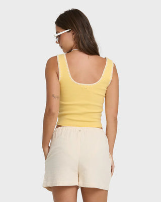 Billabong Shell Time Tank Top in Sundress — fitted 2x2 rib knit, shell stitching detail, sleeveless, 95% cotton with stretch