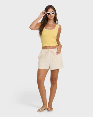 Billabong Shell Time Tank Top in Sundress — fitted 2x2 rib knit, shell stitching detail, sleeveless, 95% cotton with stretch