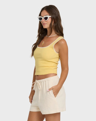 Billabong Shell Time Tank Top in Sundress — fitted 2x2 rib knit, shell stitching detail, sleeveless, 95% cotton with stretch