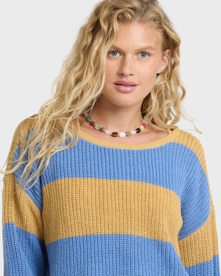 Billabong Lit Light Crewneck Sweater in Curry — lightweight cotton-acrylic knit, boxy fit, wide neckline, marled heathered texture, long sleeves