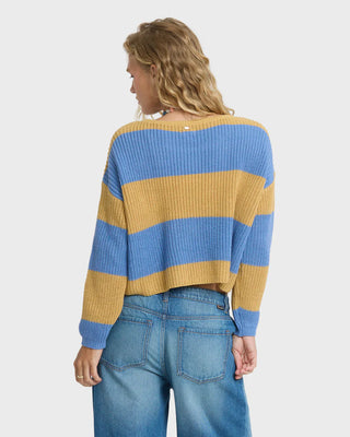 Billabong Lit Light Crewneck Sweater in Curry — lightweight cotton-acrylic knit, boxy fit, wide neckline, marled heathered texture, long sleeves