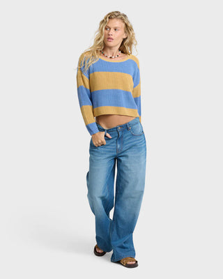 Billabong Lit Light Crewneck Sweater in Curry — lightweight cotton-acrylic knit, boxy fit, wide neckline, marled heathered texture, long sleeves