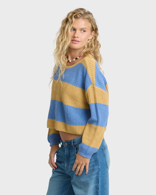 Billabong Lit Light Crewneck Sweater in Curry — lightweight cotton-acrylic knit, boxy fit, wide neckline, marled heathered texture, long sleeves