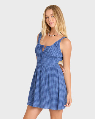 Billabong Twilight Dream Mini Dress in True Navy — yarn-dyed seersucker check, fitted bodice, A-line skirt, self-tie neckline, elastic waist