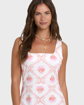 Billabong Sunlit Sky Mini Dress in Salt Crystal — sleeveless regular fit mini dress with smocked back bodice, side zipper, and metal logo plate in cotton-viscose slub