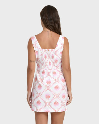 Billabong Sunlit Sky Mini Dress in Salt Crystal — sleeveless regular fit mini dress with smocked back bodice, side zipper, and metal logo plate in cotton-viscose slub