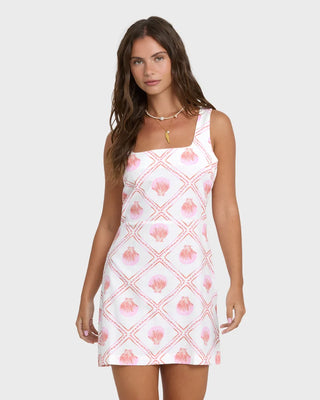 Billabong Sunlit Sky Mini Dress in Salt Crystal — sleeveless regular fit mini dress with smocked back bodice, side zipper, and metal logo plate in cotton-viscose slub