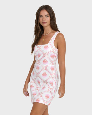 Billabong Sunlit Sky Mini Dress in Salt Crystal — sleeveless regular fit mini dress with smocked back bodice, side zipper, and metal logo plate in cotton-viscose slub
