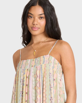 Billabong Dream Of Me Mini Dress in Smoke Green — sleeveless floaty viscose moss crepe mini dress with elastic smocked neckline, worn on or off the shoulder