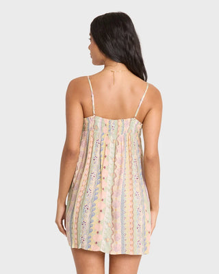 Billabong Dream Of Me Mini Dress in Smoke Green — sleeveless floaty viscose moss crepe mini dress with elastic smocked neckline, worn on or off the shoulder