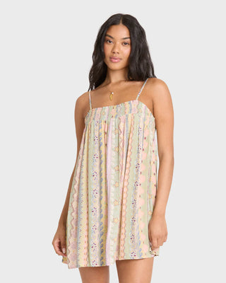 Billabong Dream Of Me Mini Dress in Smoke Green — sleeveless floaty viscose moss crepe mini dress with elastic smocked neckline, worn on or off the shoulder