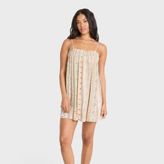 Billabong Dream Of Me Mini Dress in Smoke Green — sleeveless floaty viscose moss crepe mini dress with elastic smocked neckline, worn on or off the shoulder