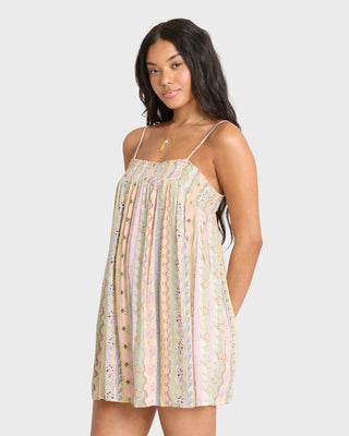 Billabong Dream Of Me Mini Dress in Smoke Green — sleeveless floaty viscose moss crepe mini dress with elastic smocked neckline, worn on or off the shoulder