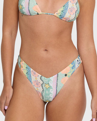 Billabong Tide Pool V Hike Bikini Bottoms in Light Blue Multi — high-rise V hike shape with skimpy coverage, high-leg cut, and logo embroidery on recycled stretch fabric
