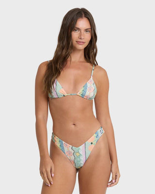 Billabong Tide Pool Mini Triangle Bikini Top in Light Blue Multi — skimpy bust coverage with removable cups, O-ring adjustable straps, and logo embroidery on recycled stretch fabric