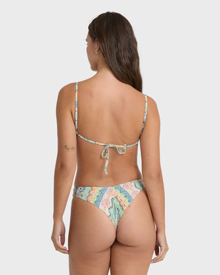Billabong Tide Pool Mini Triangle Bikini Top in Light Blue Multi — skimpy bust coverage with removable cups, O-ring adjustable straps, and logo embroidery on recycled stretch fabric