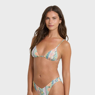 Billabong Tide Pool Mini Triangle Bikini Top in Light Blue Multi — skimpy bust coverage with removable cups, O-ring adjustable straps, and logo embroidery on recycled stretch fabric