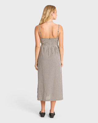 Billabong Beach Check Midi Dress in White/Black — fitted smocked bodice with easy-flowing skirt, keyhole detail, and yarn-dyed seersucker cotton in a classic check pattern