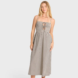 Billabong Beach Check Midi Dress in White/Black — fitted smocked bodice with easy-flowing skirt, keyhole detail, and yarn-dyed seersucker cotton in a classic check pattern