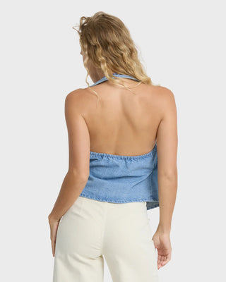 Billabong Lyla Saltwashed Halter Top in Sea Blue — 100% cotton denim, wrap front, adjustable D-ring, saltwashed finish
