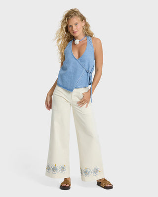 Billabong Lyla Saltwashed Halter Top in Sea Blue — 100% cotton denim, wrap front, adjustable D-ring, saltwashed finish