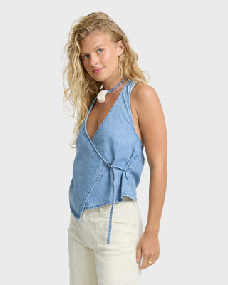 Billabong Lyla Saltwashed Halter Top in Sea Blue — 100% cotton denim, wrap front, adjustable D-ring, saltwashed finish