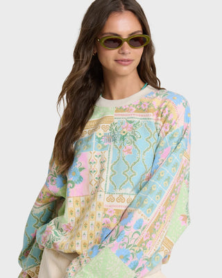 Billabong Love Crush Kendal Crewneck Sweatshirt in White Multi — oversized brushed fleece pullover with all-over print and front logo embroidery in cotton-poly blend