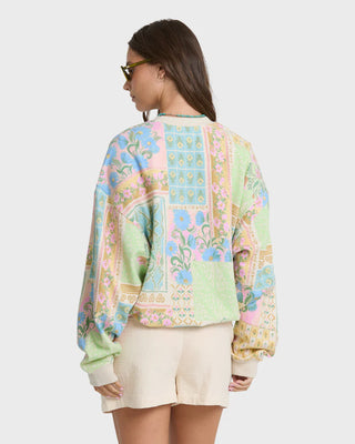 Billabong Love Crush Kendal Crewneck Sweatshirt in White Multi — oversized brushed fleece pullover with all-over print and front logo embroidery in cotton-poly blend