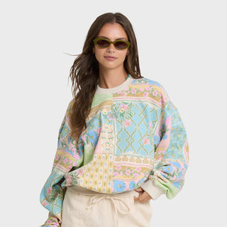 Billabong Love Crush Kendal Crewneck Sweatshirt in White Multi — oversized brushed fleece pullover with all-over print and front logo embroidery in cotton-poly blend