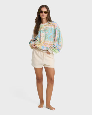 Billabong Love Crush Kendal Crewneck Sweatshirt in White Multi — oversized brushed fleece pullover with all-over print and front logo embroidery in cotton-poly blend