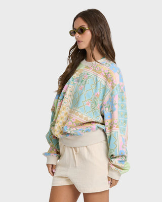 Billabong Love Crush Kendal Crewneck Sweatshirt in White Multi — oversized brushed fleece pullover with all-over print and front logo embroidery in cotton-poly blend