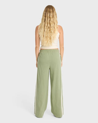 Billabong Wave Stamp Knit Pants in Army Green — wide leg mid-rise fit with elastic drawcord waist and contrast side taping in 100% cotton jersey knit