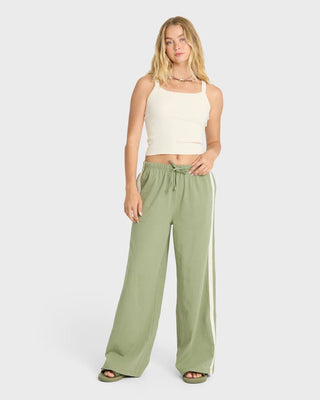 Billabong Wave Stamp Knit Pants in Army Green — wide leg mid-rise fit with elastic drawcord waist and contrast side taping in 100% cotton jersey knit
