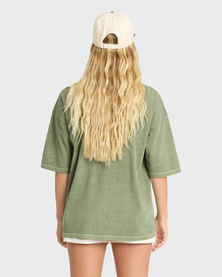 Billabong Wave Stamp Tee in Army Green — boxy fit crewneck with screen print graphic and metal logo plate in 100% cotton jersey knit

